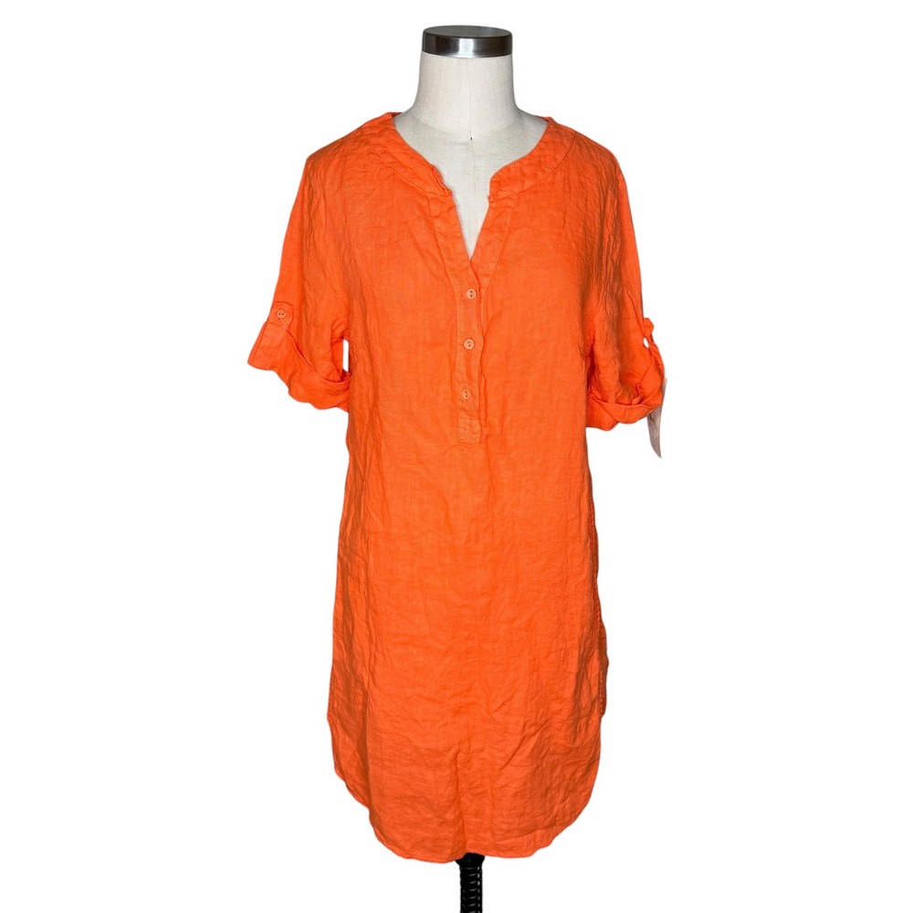PURO LINO Tunic Dress Orange 100% Linen Roll-Tab Women's Size‎ Large Lagenlook